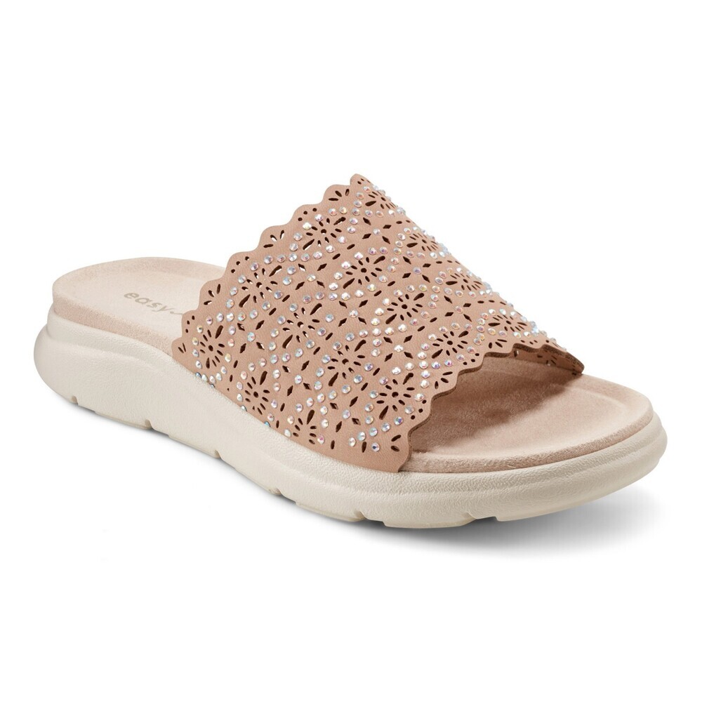 Easy Spirit Alora Sandal Women 8W Light Natural Rhinestone Slip On Slide GAL2161